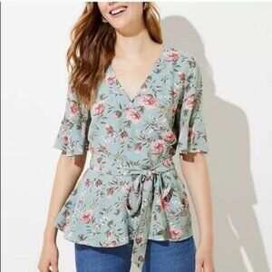 Loft Womens Plus 24 Floral Wrap Top Green Pink Short Sleeve Blouse Shirt